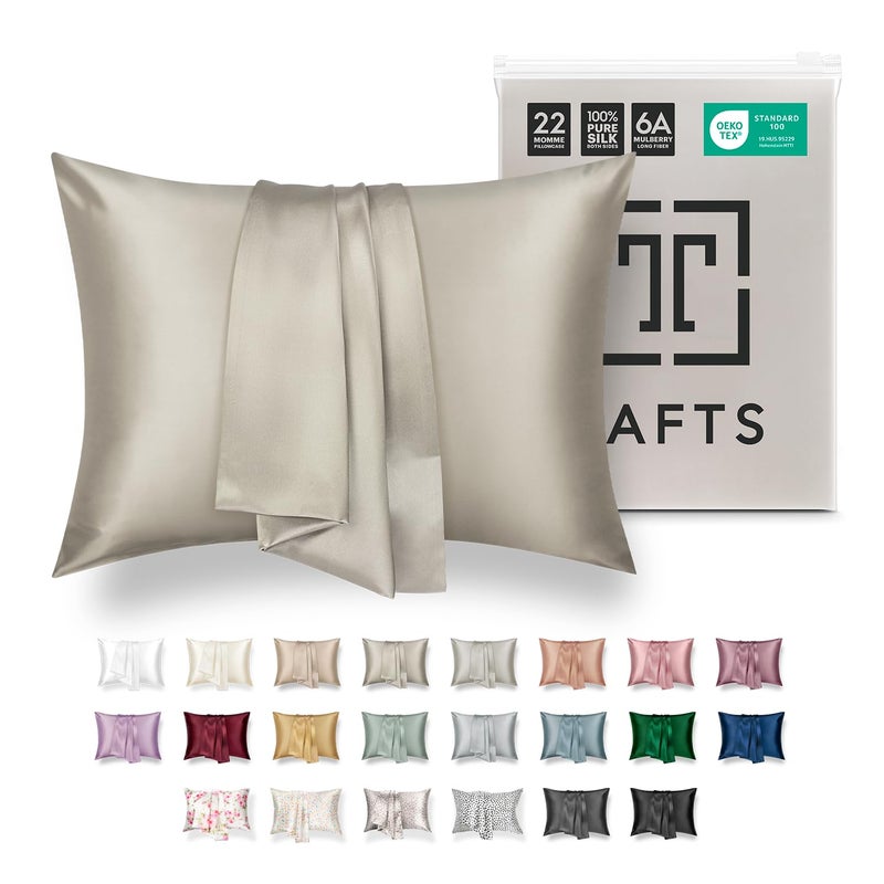 Tafts Pillow Cases - 22mm 100% Pure Mulberry 6A Silk Pillowcase for Hair & Skin with Zipper Closure, Cooling, Natural, Organic, Double Sided Silk Pillow Case (Taupe, King 20x36, 1pc) - Image 1